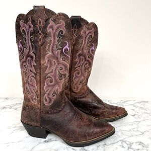 Justin Stampede Chocolate Puma women's 6B cowboy boots Purple Heart embroidery